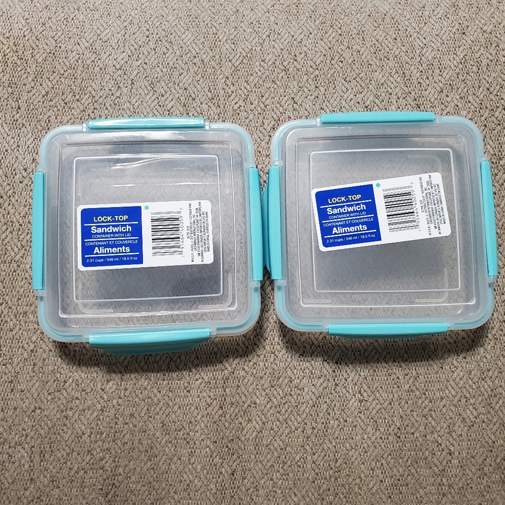 Set of 2 Blue Lock-Top Reusable Sandwich Containers w Lids 4 Clips 2.31 Cups